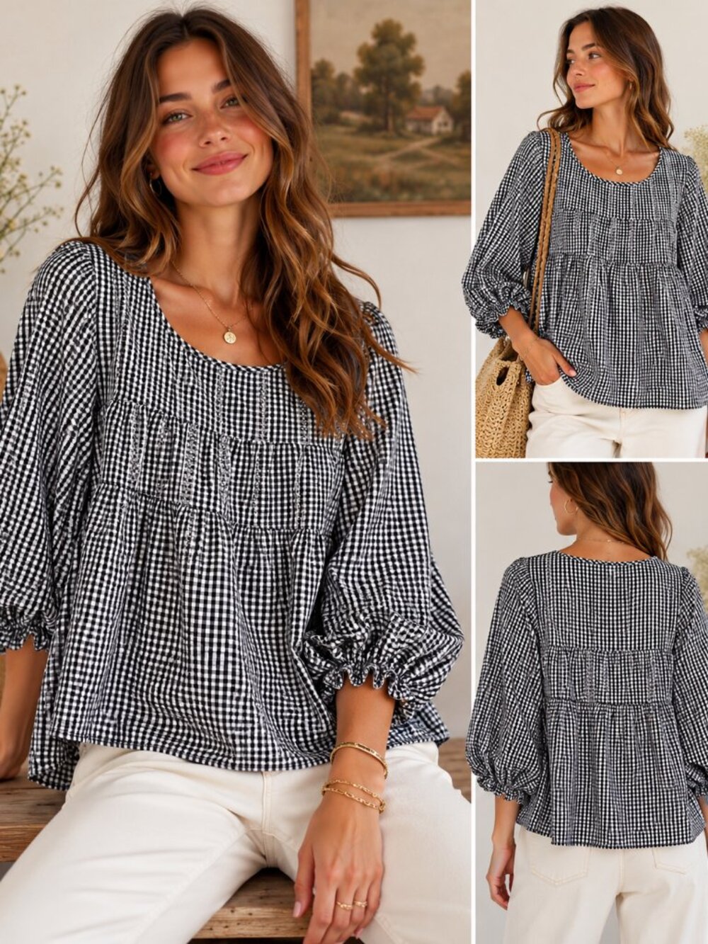 Black & White Gingham Peasant Blouse